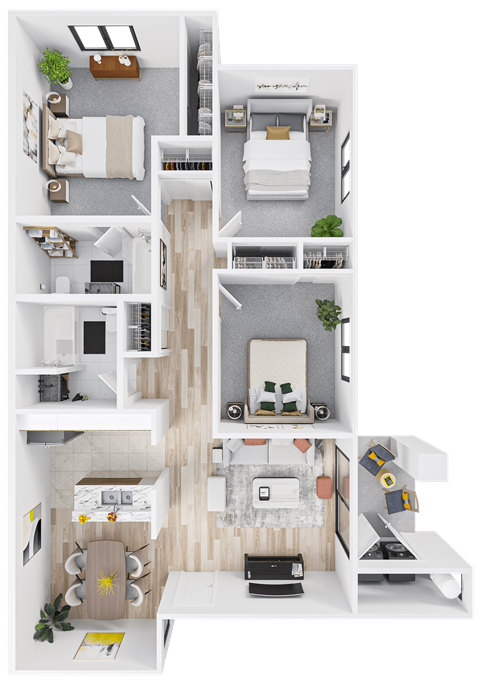 Floor plan for 3 beds, 2 baths, 1197 sqft
